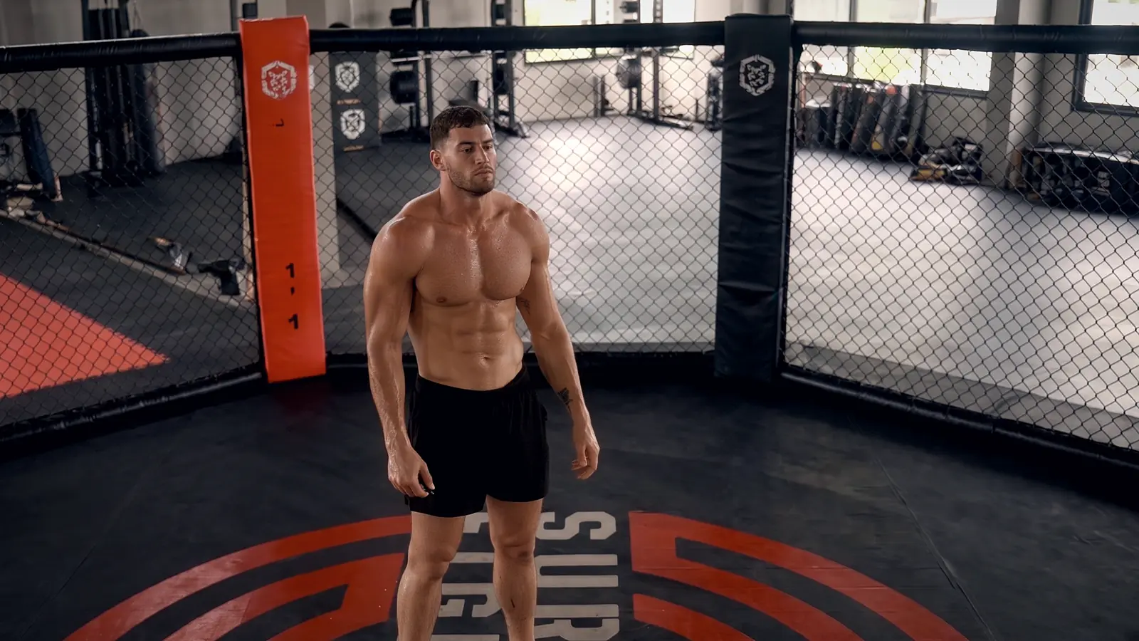 Matthew Heim standing inside the MMA cage at his Gold Coast gym